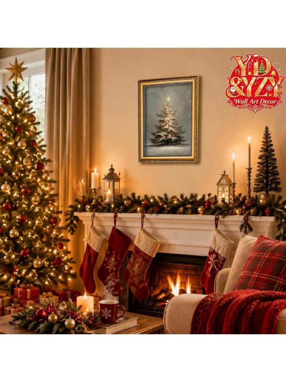 Vintage Snowy Christmas Tree Wall Art, 16x24 Inch Gold Framed Decor